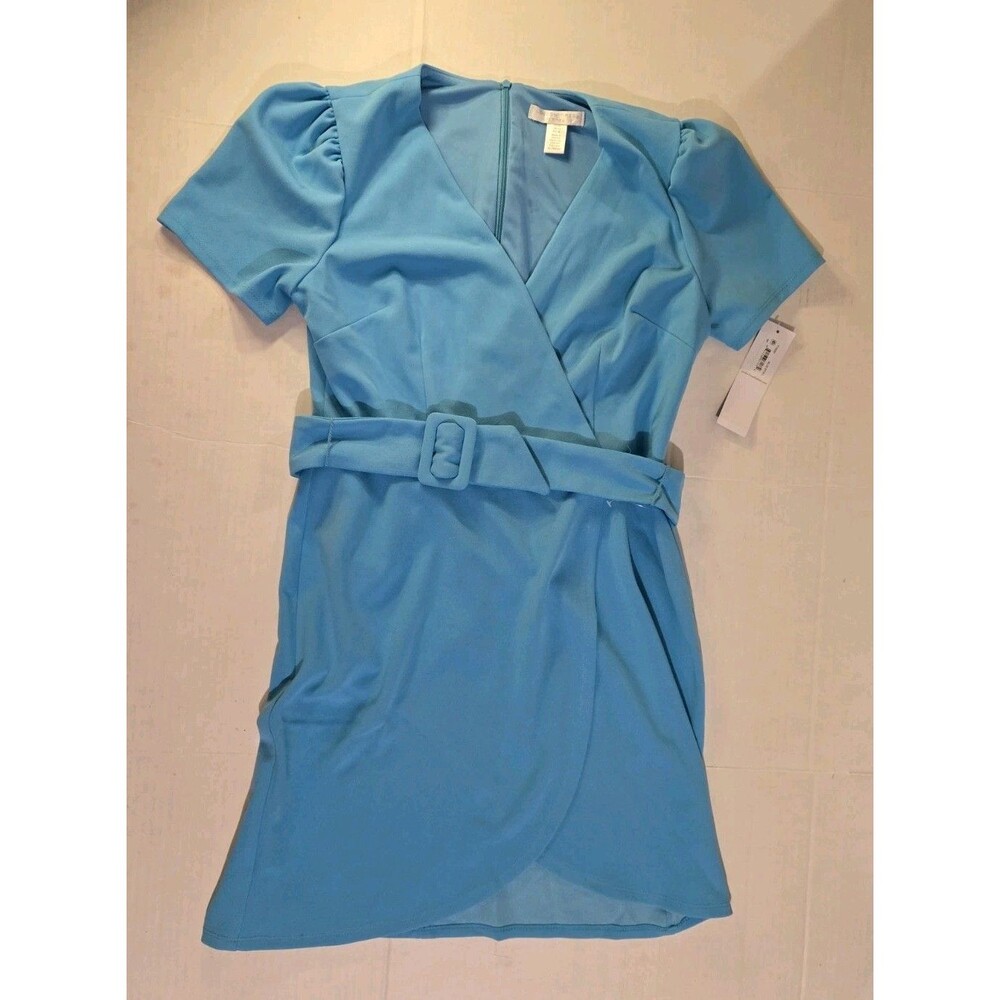 London Times Petites V-Neck Short Sleeve Belted Summer Dress Blue Atoll Size 8P